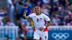 NANTES, FRANCE - AUGUST 8: Soufiane Rahimi of Team Morocco celebrates his second goal during the Men's Bronze Medal match between Team Egypt and Team Morocco during the Olympic Games Paris 2024 at Stade de la Beaujoire on August 8, 2024 in Nantes, France. (Photo by Marcio Machado/Eurasia Sport Images/Getty Images)